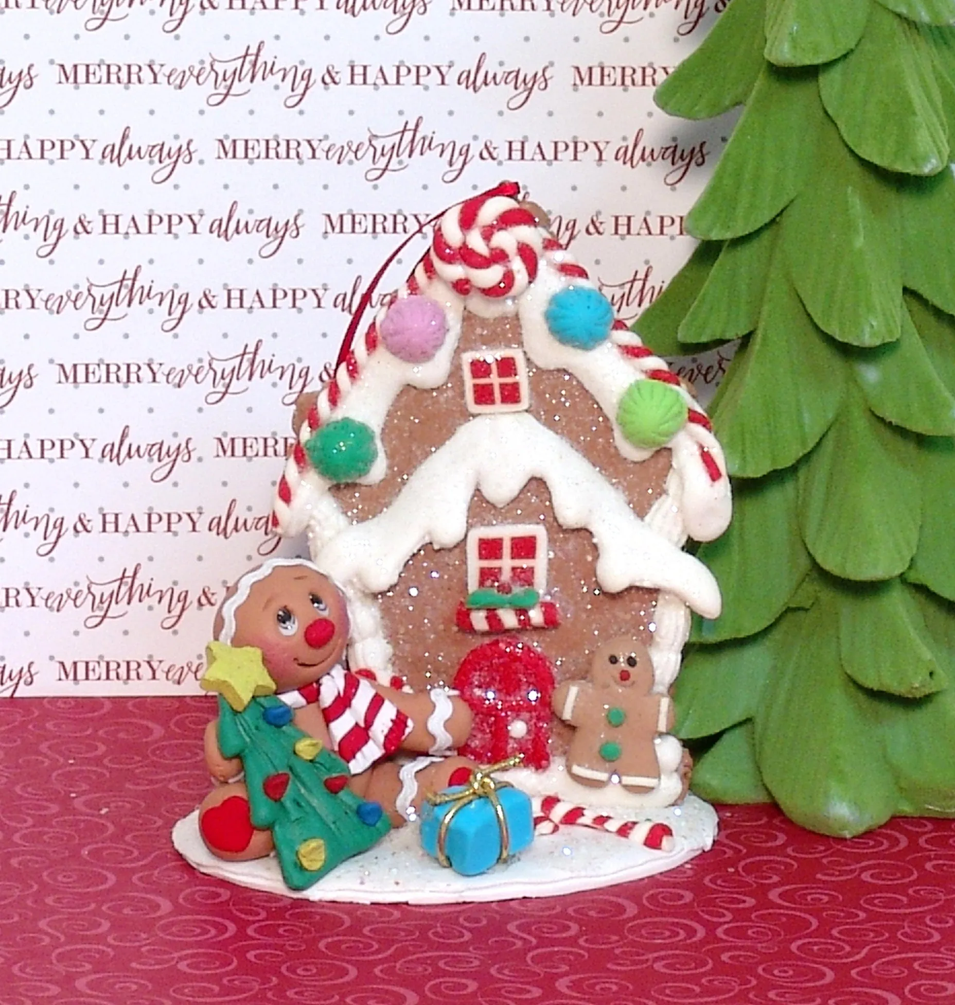 Gingerbread Clay Figure with Gingerbread House HANDMADE POLYMER CLAY Christmas Figurine - Tiered Tray Decor