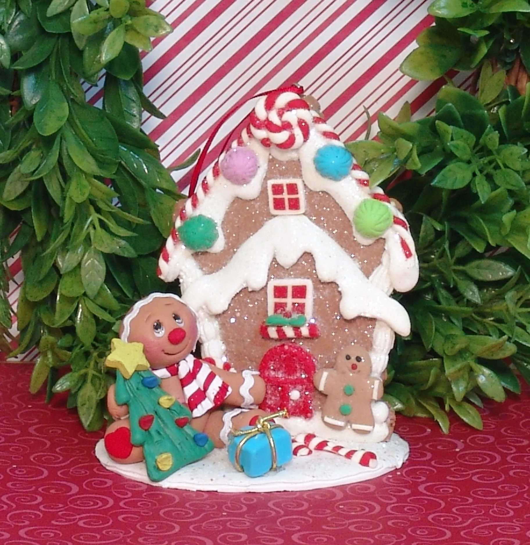 Gingerbread Clay Figure with Gingerbread House HANDMADE POLYMER CLAY Christmas Figurine - Tiered Tray Decor