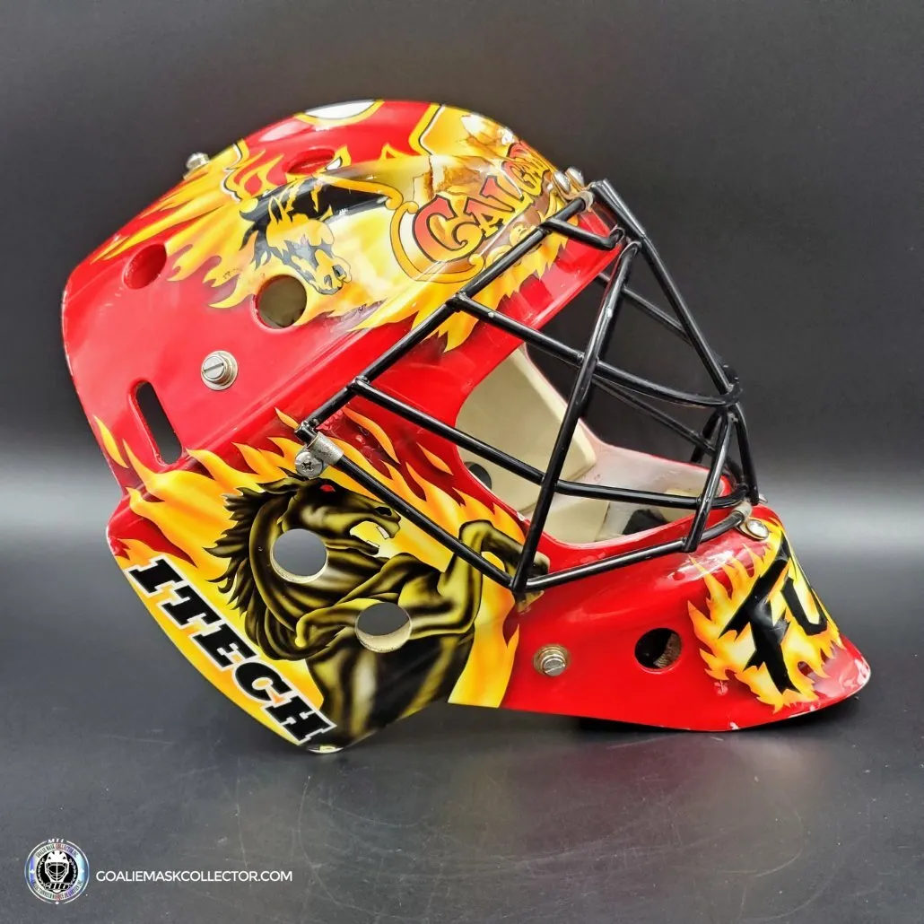 Grant Fuhr Game Worn Goalie Mask Calgary Flames Itech 1999-2000 Season Game Used Painted By Frank Cipra AS-02896