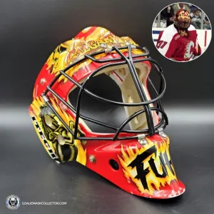 Grant Fuhr Game Worn Goalie Mask Calgary Flames Itech 1999-2000 Season Game Used Painted By Frank Cipra AS-02896