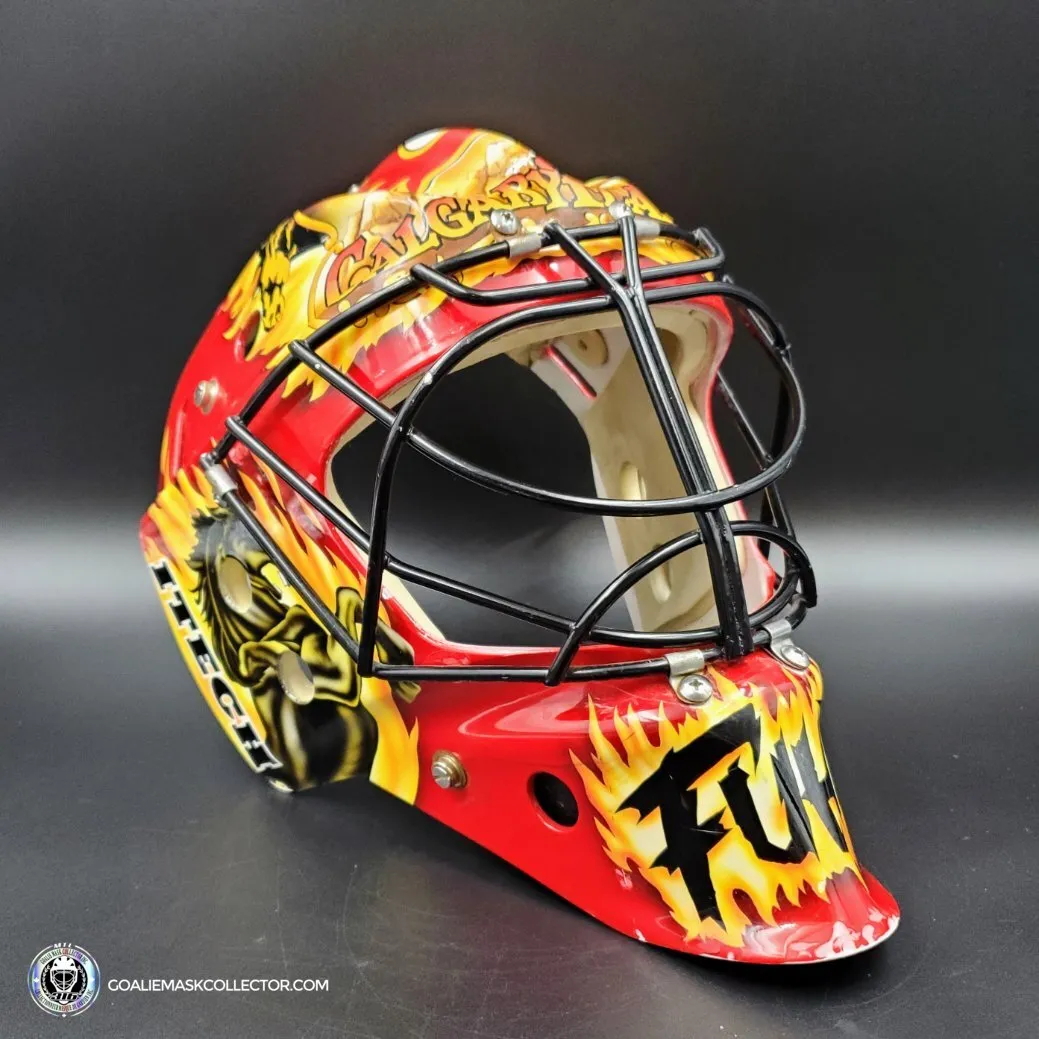 Grant Fuhr Game Worn Goalie Mask Calgary Flames Itech 1999-2000 Season Game Used Painted By Frank Cipra AS-02896