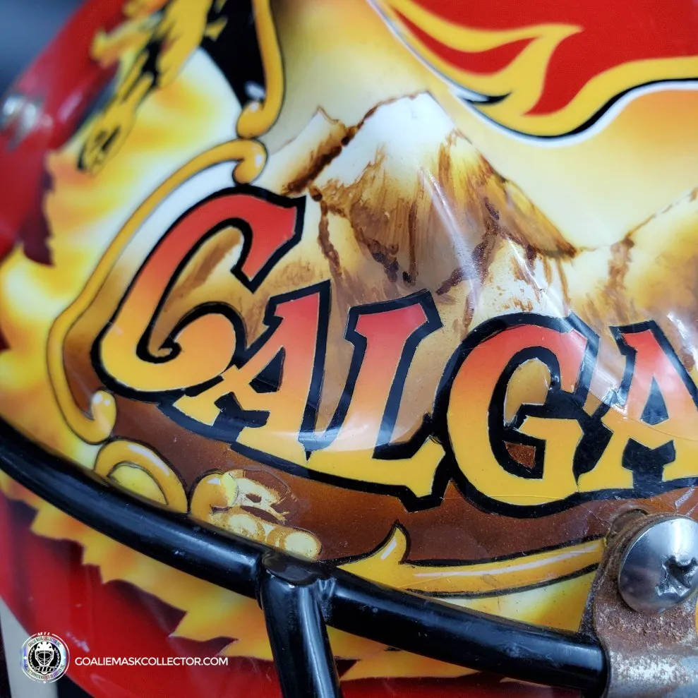 Grant Fuhr Game Worn Goalie Mask Calgary Flames Itech 1999-2000 Season Game Used Painted By Frank Cipra AS-02896