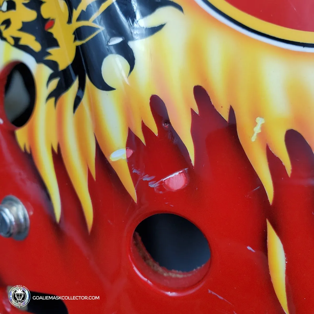 Grant Fuhr Game Worn Goalie Mask Calgary Flames Itech 1999-2000 Season Game Used Painted By Frank Cipra AS-02896