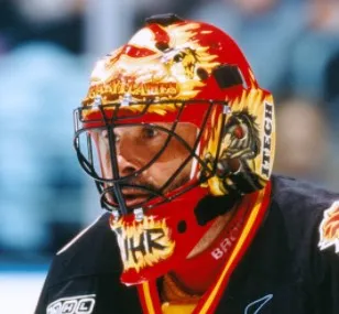 Grant Fuhr Game Worn Goalie Mask Calgary Flames Itech 1999-2000 Season Game Used Painted By Frank Cipra AS-02896