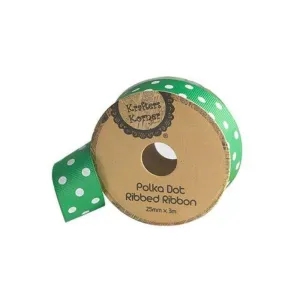Green White Dot Ribbon - 25mm x 3m