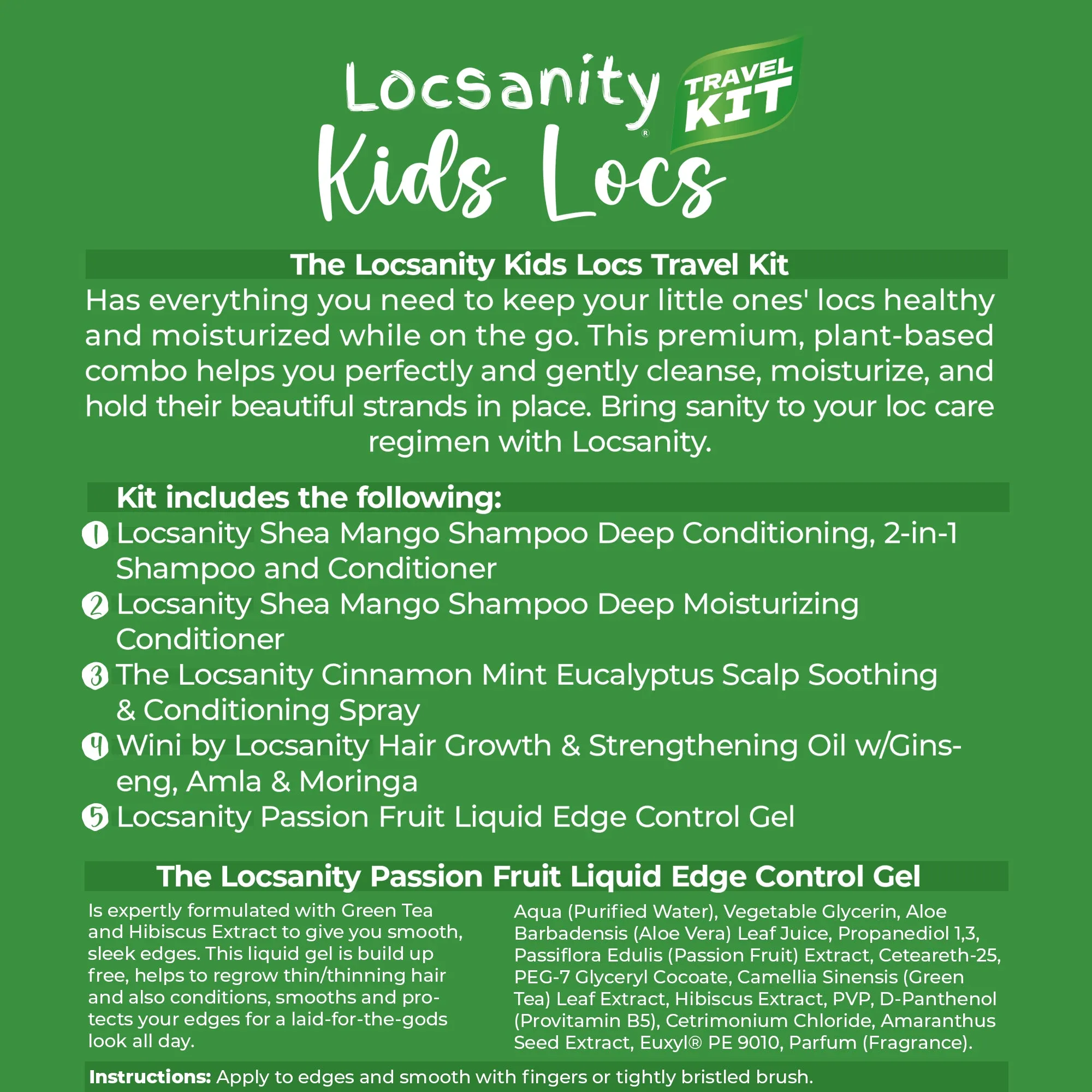 Locsanity Kids Locs Sample Travel Kit, 2-in-1 Shampoo and Conditioner, Conditioner, Hair Oil, Scalp Soothing Spray, Liquid Edge Gel