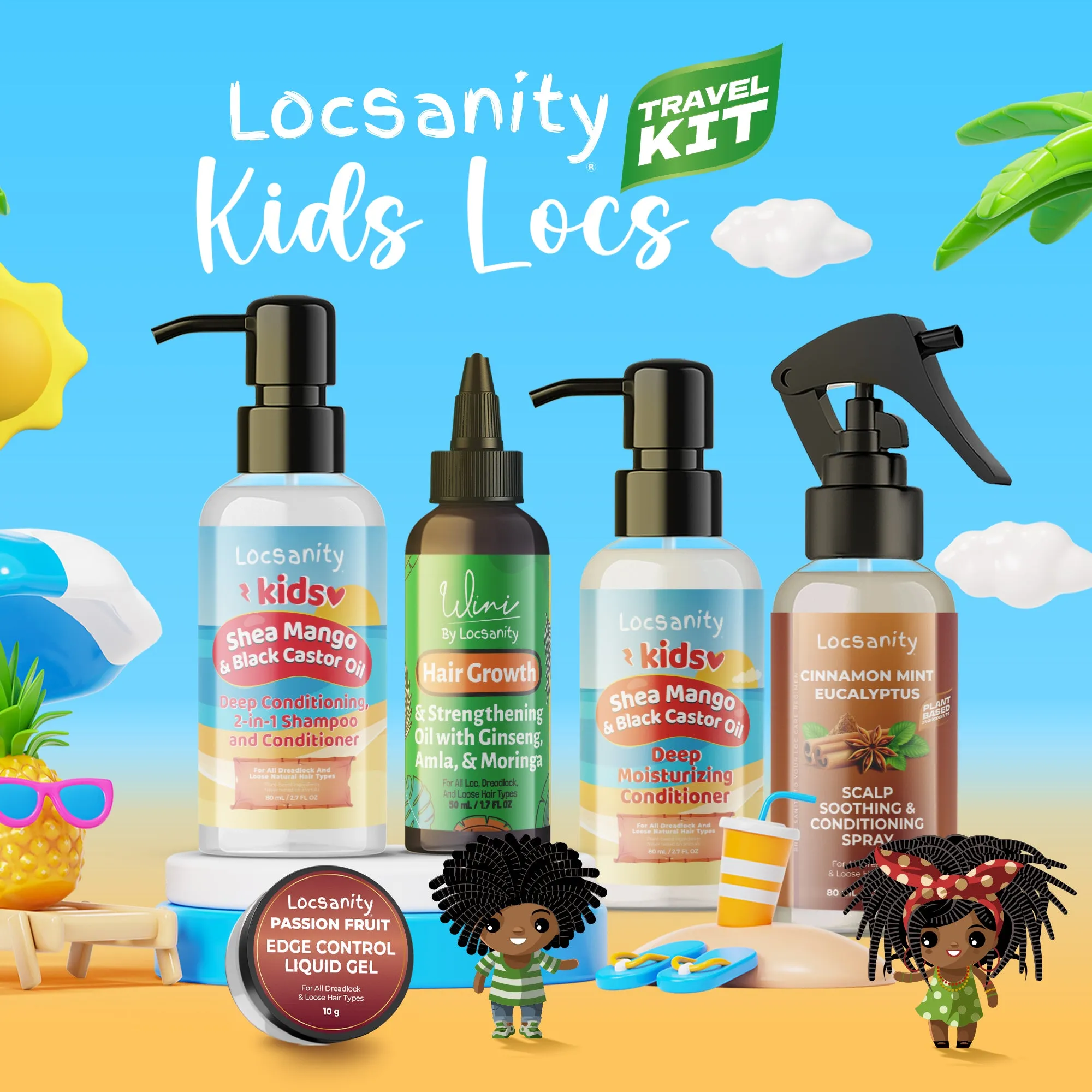 Locsanity Kids Locs Sample Travel Kit, 2-in-1 Shampoo and Conditioner, Conditioner, Hair Oil, Scalp Soothing Spray, Liquid Edge Gel