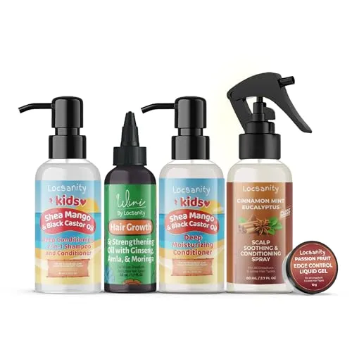Locsanity Kids Locs Sample Travel Kit, 2-in-1 Shampoo and Conditioner, Conditioner, Hair Oil, Scalp Soothing Spray, Liquid Edge Gel