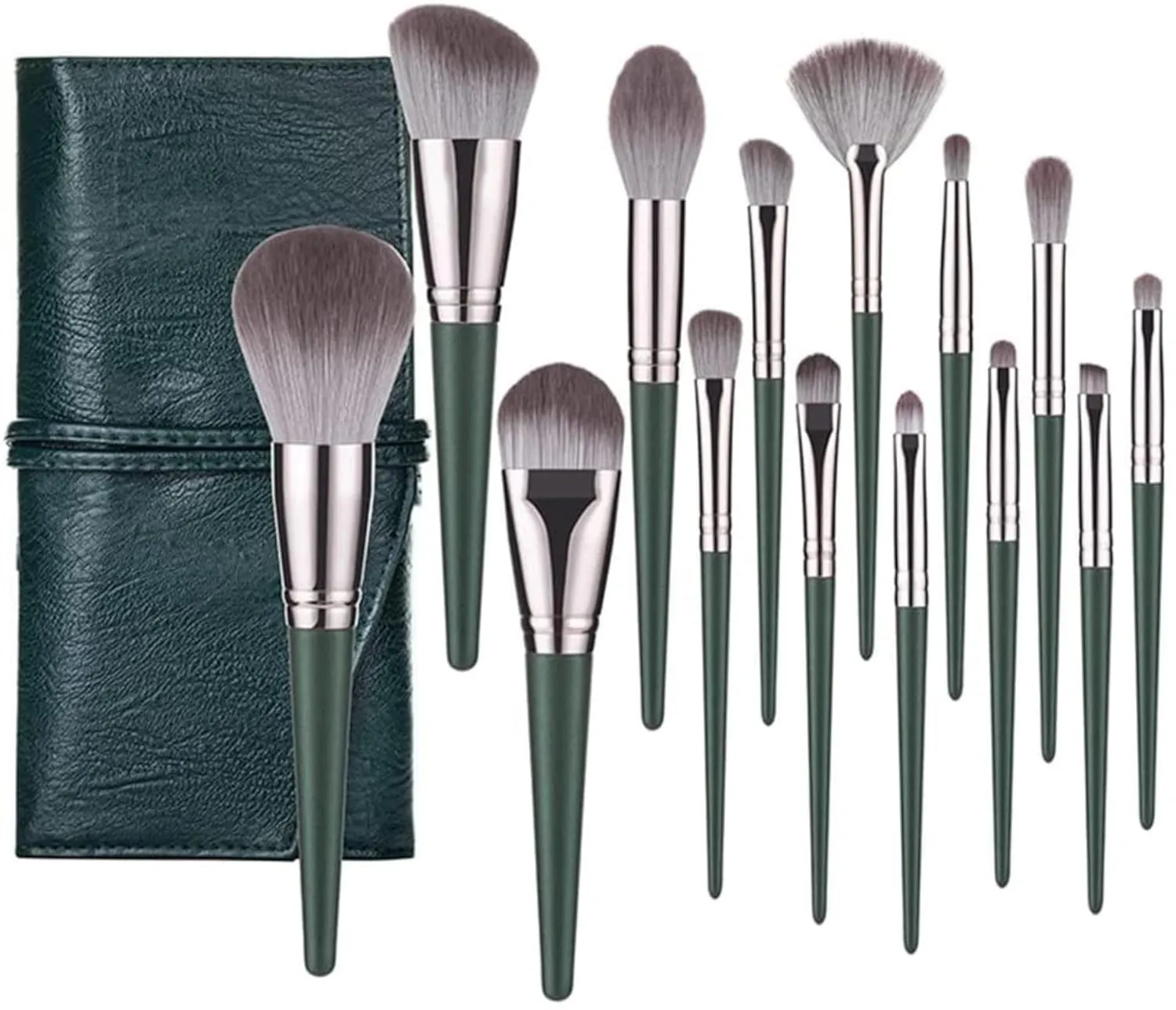 Makeup Brush 14 Brushes Set Green Large Loose Powder Highlighter Eyeshadow Foundation Contour
