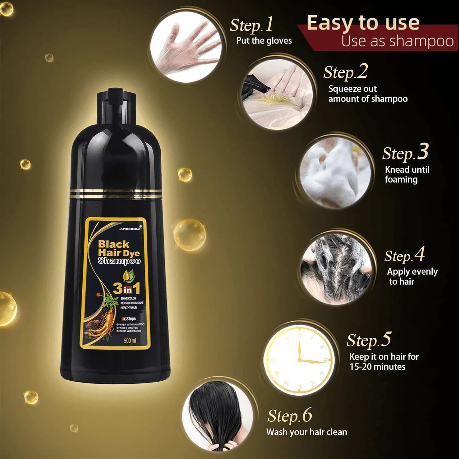 Meidu Hair Dye Shampoo 3 in 1 (1.0 Dark Black) - 500ml