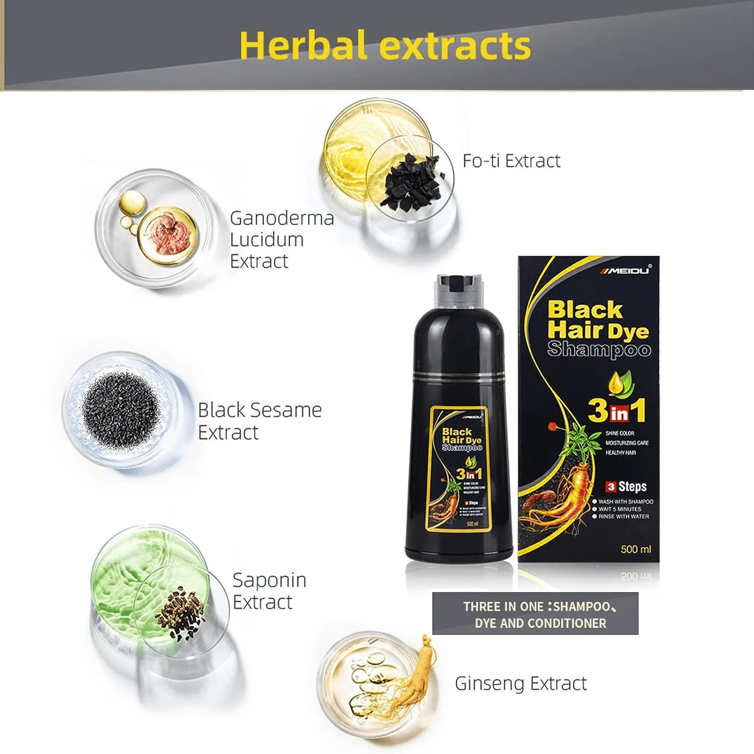 Meidu Hair Dye Shampoo 3 in 1 (1.0 Dark Black) - 500ml