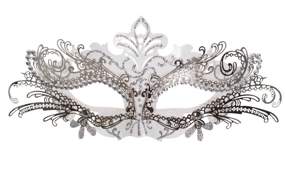 Metal Overlay White Glitter Masquerade Mask
