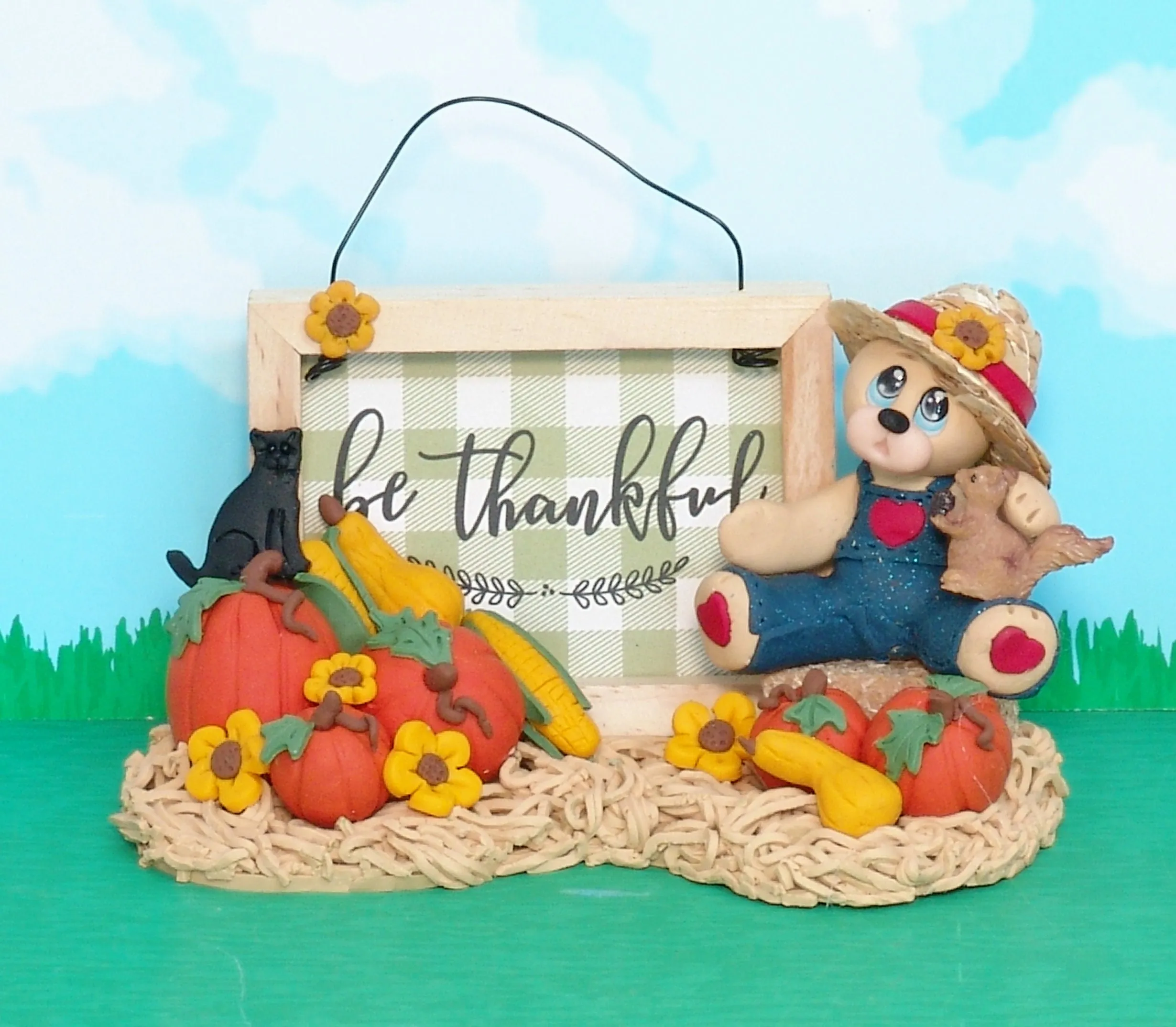 Paulie's Pumpkin Patch -Handmade Polymer Clay Collectible Bear Figurine for Fall Decor or Tiered Tray