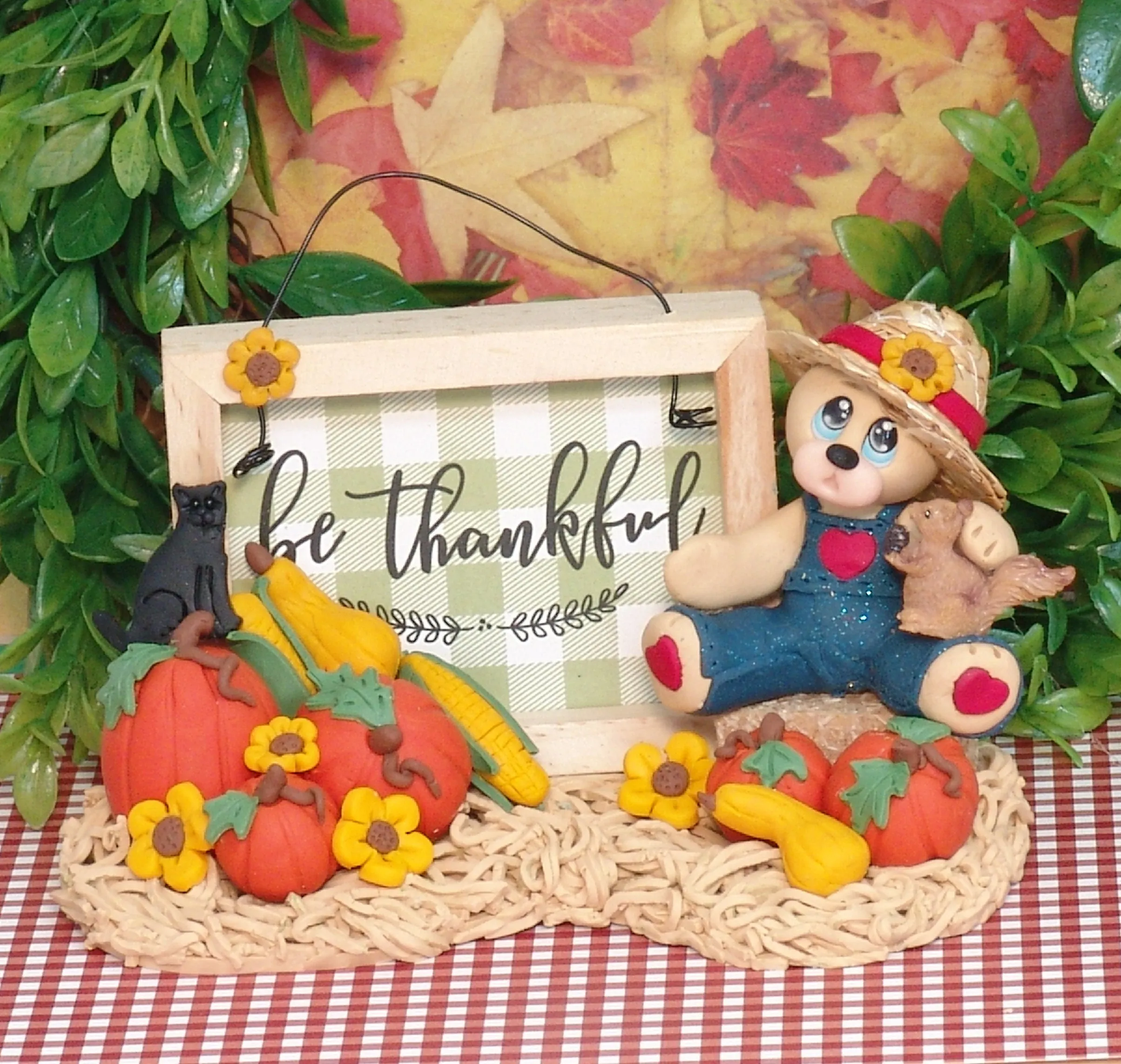 Paulie's Pumpkin Patch -Handmade Polymer Clay Collectible Bear Figurine for Fall Decor or Tiered Tray