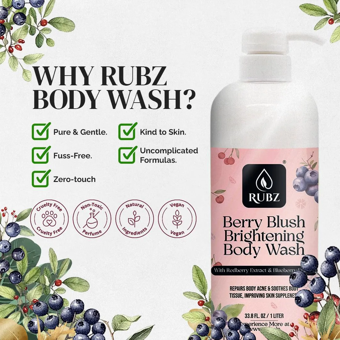 Rubz Berry Blush Brightening Body Wash Refill Pack 5L | Liquid Soap | Shower Gel | with Refillable 500 ml Plastic Bottle | Best for Hotel, Spa, Salon, Joint Family | SLS Free | Paraben Free