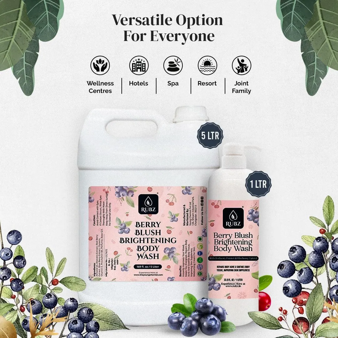 Rubz Berry Blush Brightening Body Wash Refill Pack 5L | Liquid Soap | Shower Gel | with Refillable 500 ml Plastic Bottle | Best for Hotel, Spa, Salon, Joint Family | SLS Free | Paraben Free