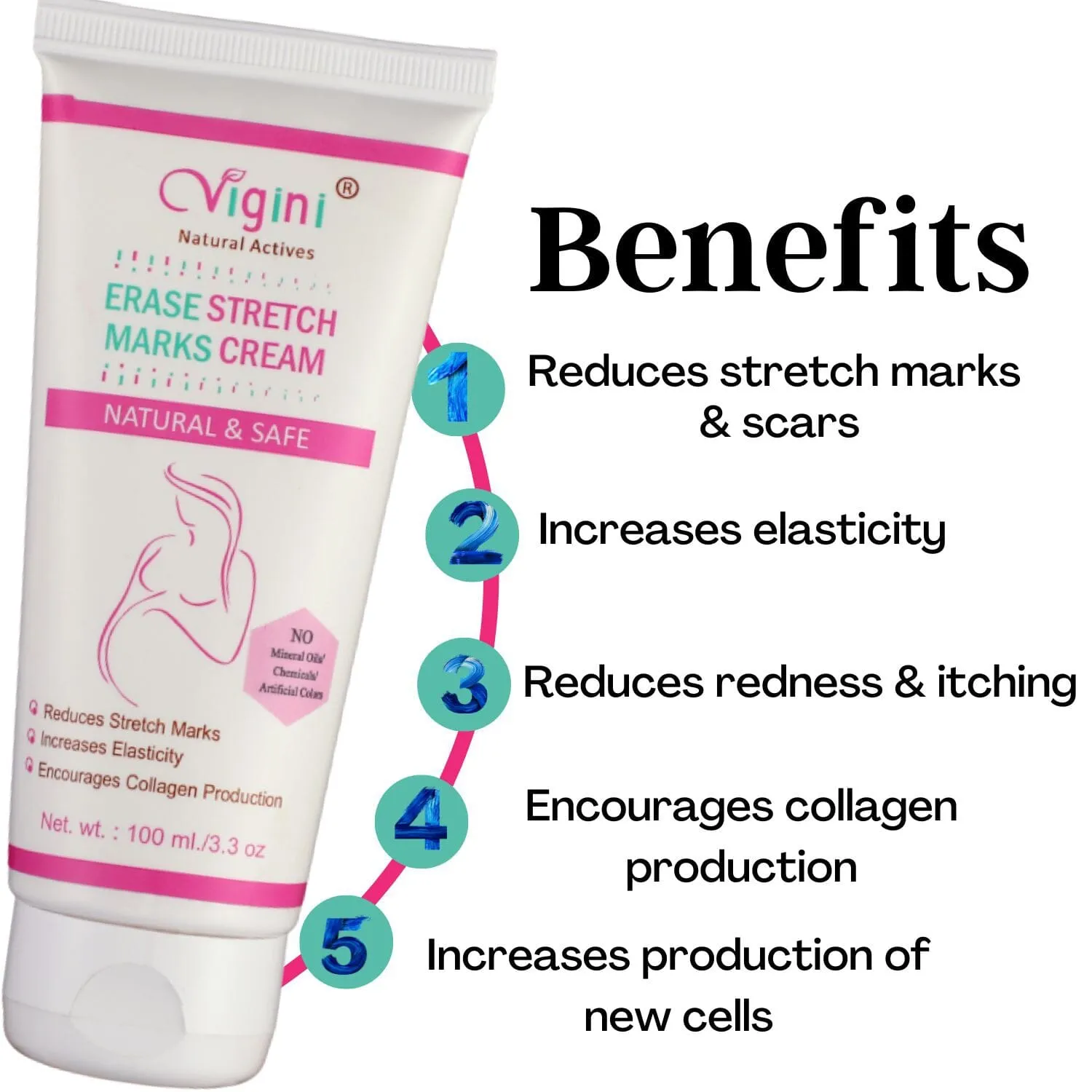 Vigini Natural Erase Stretch Marks Scars Removal Oil Cream In During After Pregnancy Delivery for Women Anti-Aging Hyper Pigemantation Remover Uneven Skin Tone 100g
