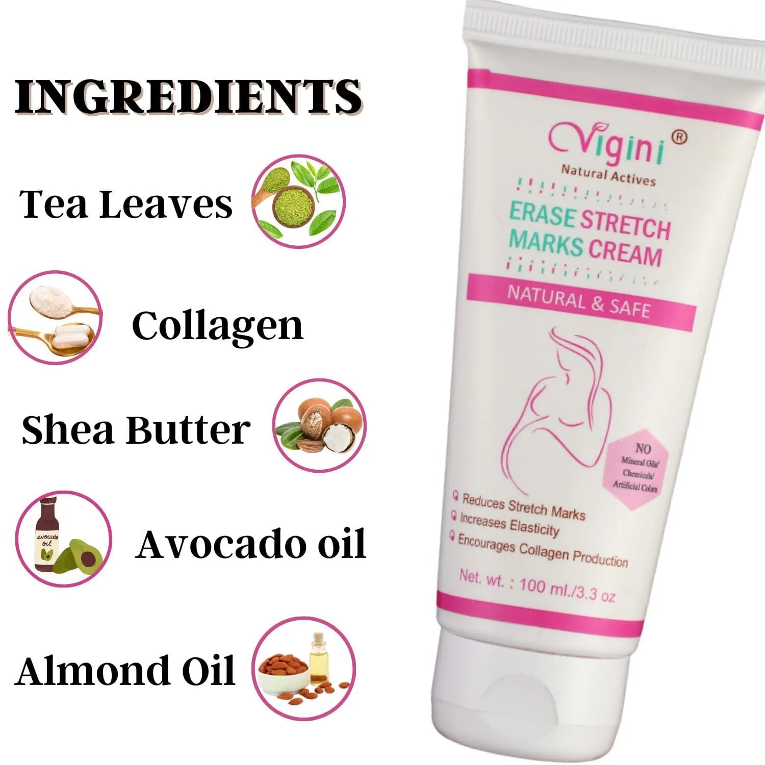 Vigini Natural Erase Stretch Marks Scars Removal Oil Cream In During After Pregnancy Delivery for Women Anti-Aging Hyper Pigemantation Remover Uneven Skin Tone 100g