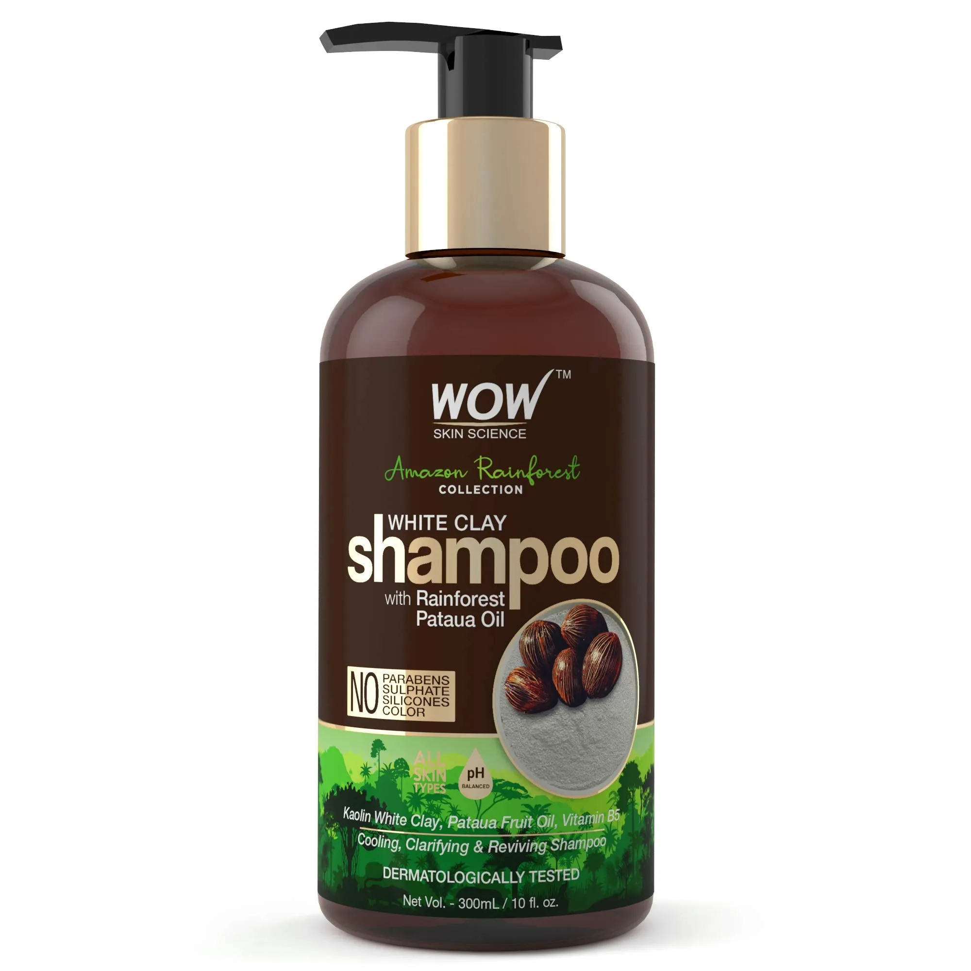 WOW Skin Science Amazon Rainforest Collection - White Clay Shampoo with Rainforest Pataua Oil - No Parabens, Sulphate, Silicones and Color, 300 ml